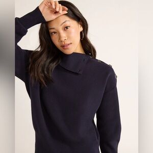 Elegant Navy Button-Shoulder Turtleneck Sweater